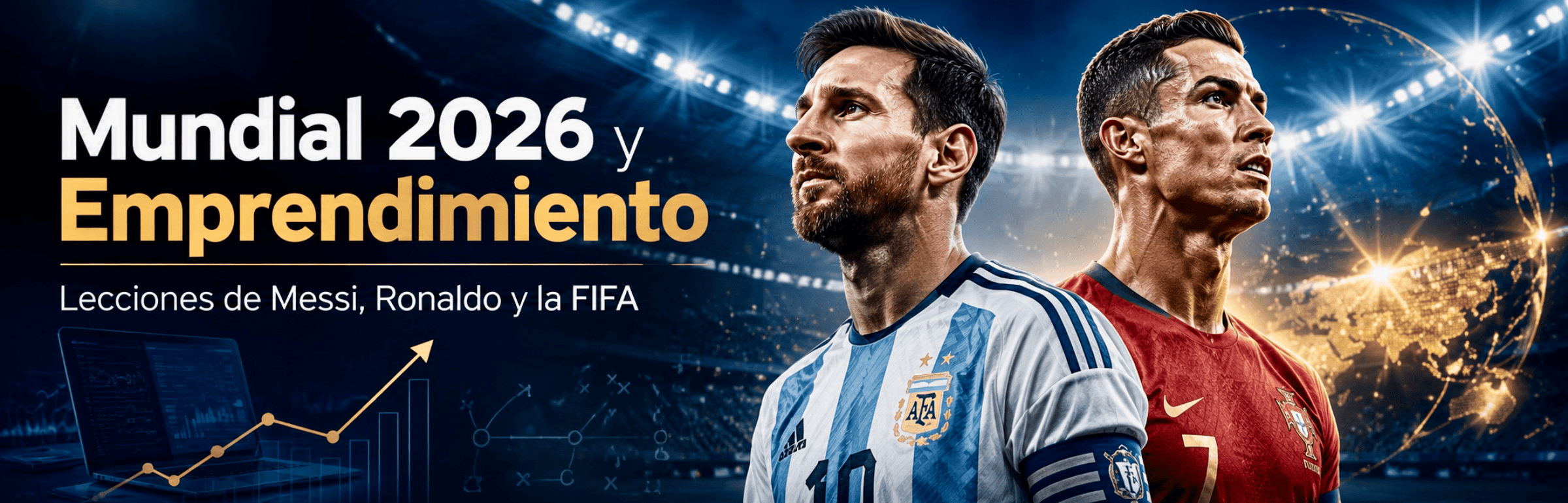 Banner: "Mundial 2026 y Emprendimiento" con Messi y Ronaldo, fondo de estadio y gráficos que sugieren aprendizaje y FIFA.